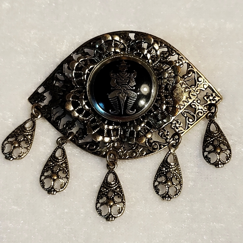 Vintage Filigree Eye Shaped Siam Enamel Silver-tone Dangle Brooch / Pin
